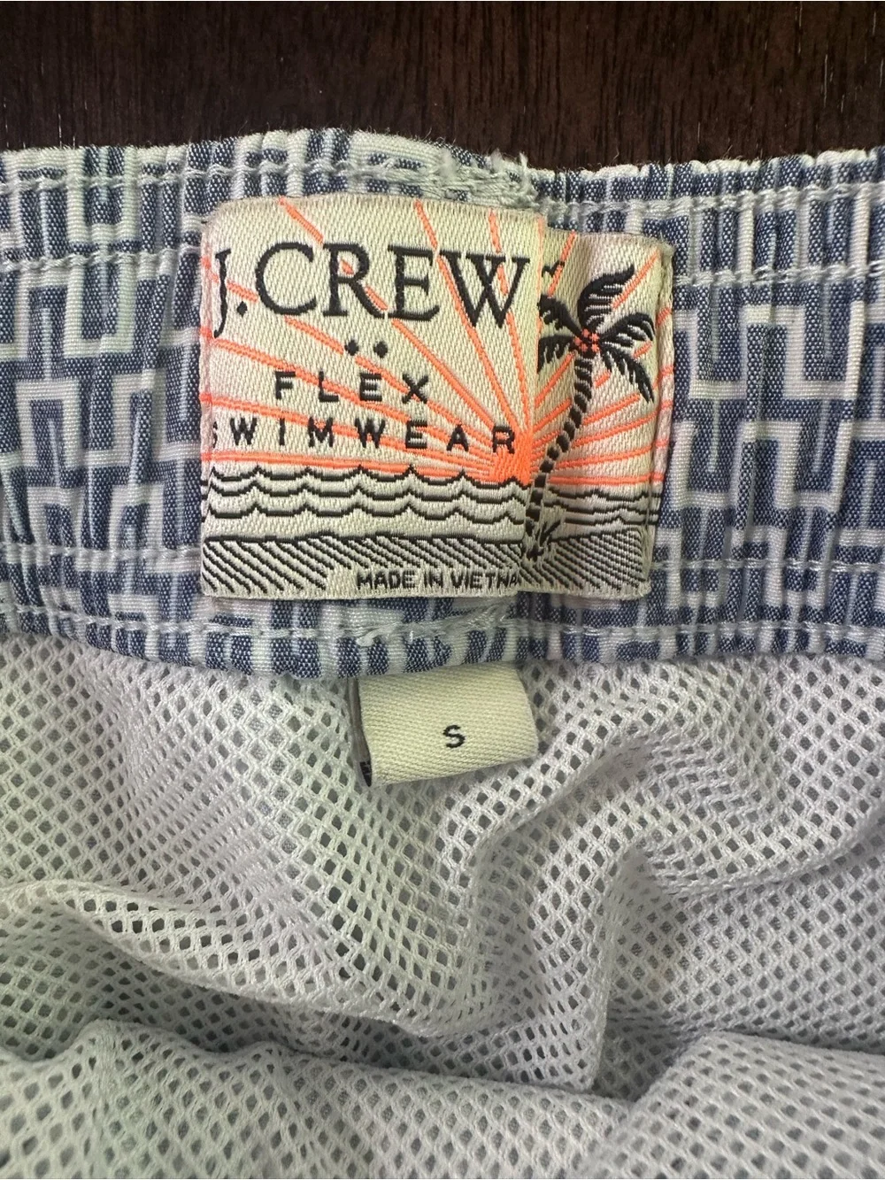 J. Crew Men’s Flex Swimwear White &Blue GeometricTrunks with Coral Drawcord S